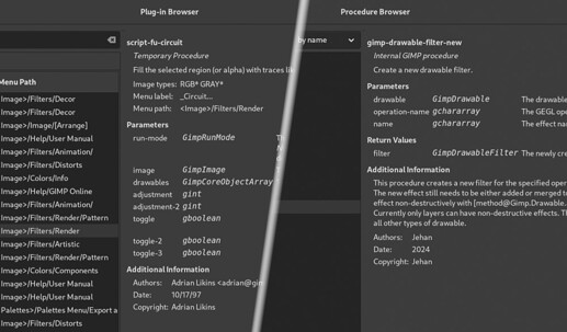 Collage showing two windows separated by a diagonal line. The name of the window on the left is "Plug-In Browser" and the window on the right is "Procedure Browser".