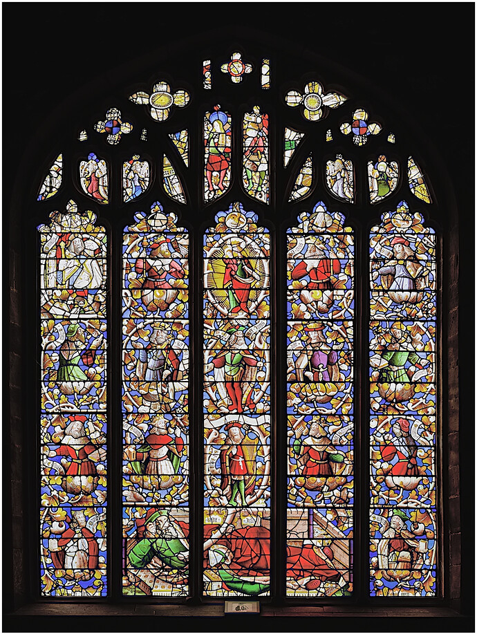 LLANRHAEADR - C16th Jesse window. Considered the finest & most complete medieval glass in Wales. Only survived by being buried during the 1640's Civil War