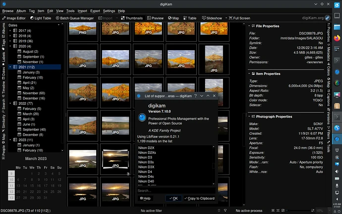 digiKam 7.10.0 Showing the list of supported RAW camera