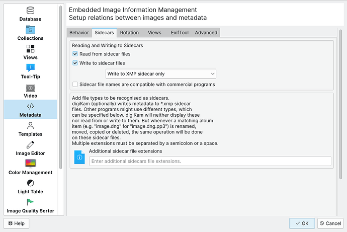 digiKam sidecar settings